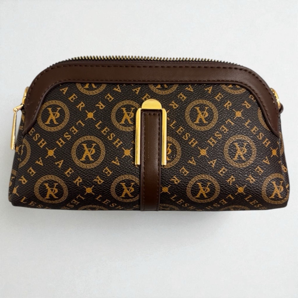 Brown‎ Leather Crossbody Handbag Bag Purse Zip Gold Accents Classic Design Strap